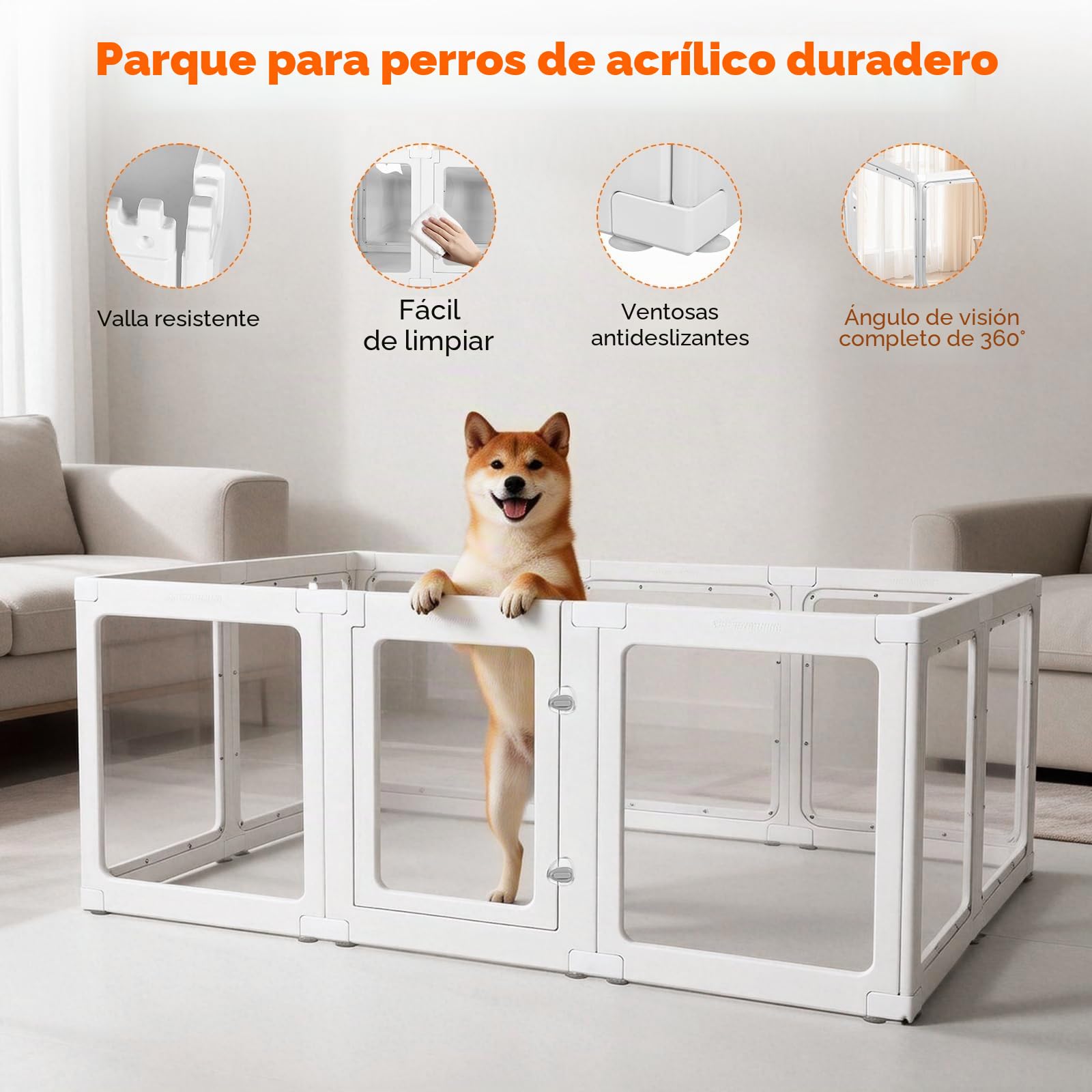 Parque para Perros de acrílico,10 Paneles bolígrafo de fácil Montaje,60cm Vallas para Perros para Interior y Exterior con Puerta con Cerradura,Cerca del Corral para Mascota 152 * 102 * 61CM