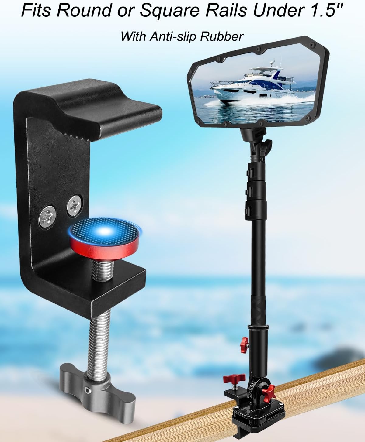 Pontoon Boat Rear View Mirror, 4.7x11.2 Inch Extra Large Marine Mirror - Adjustable and Stable Clamp Bracket for Skiing, Wakeboarding, Surfing