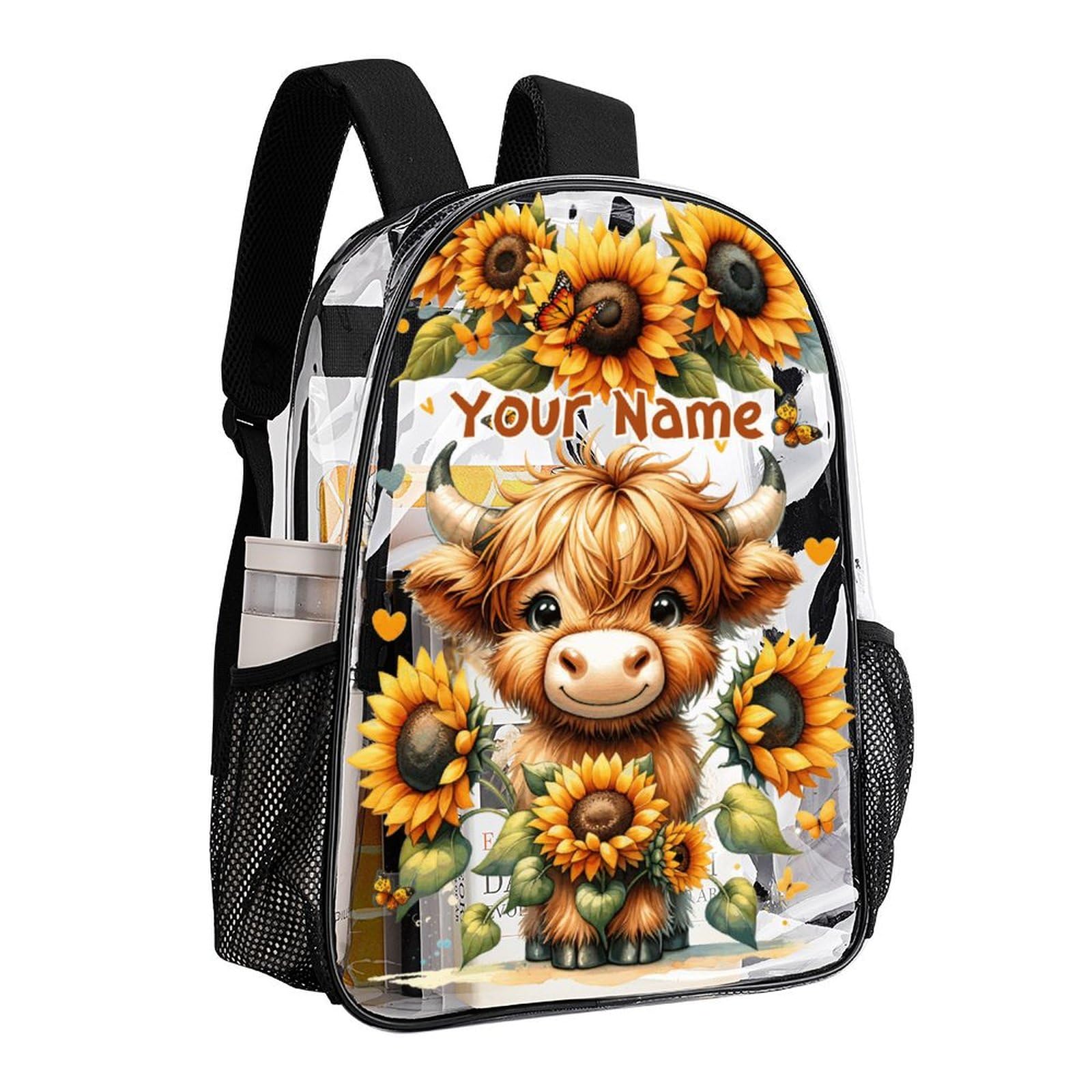 Custom Highland Cow Clear Backpack Heavy Duty for Girls Boys Kids Women Men - Large Cute PVC Highland Cows Themed Printing Transparent Backpacks for
