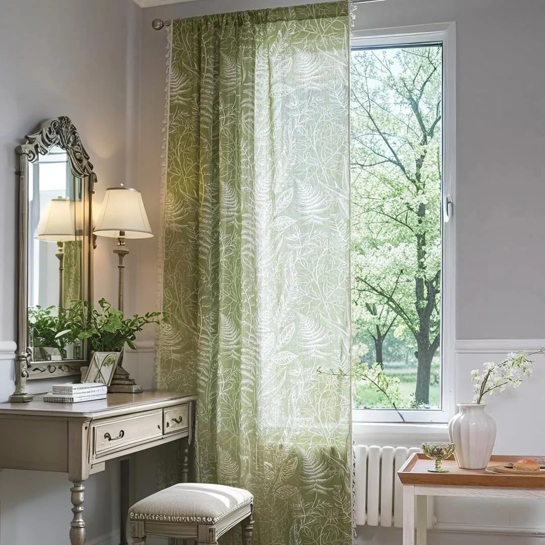 ABREEZE Leaves Print Curtain for Bedroom, Cotton Blend Curtains with Tassels, Bohemia Rustic Modern Decor Curtains for Living Room, Rod Pocket(59”x86”,2panels)
