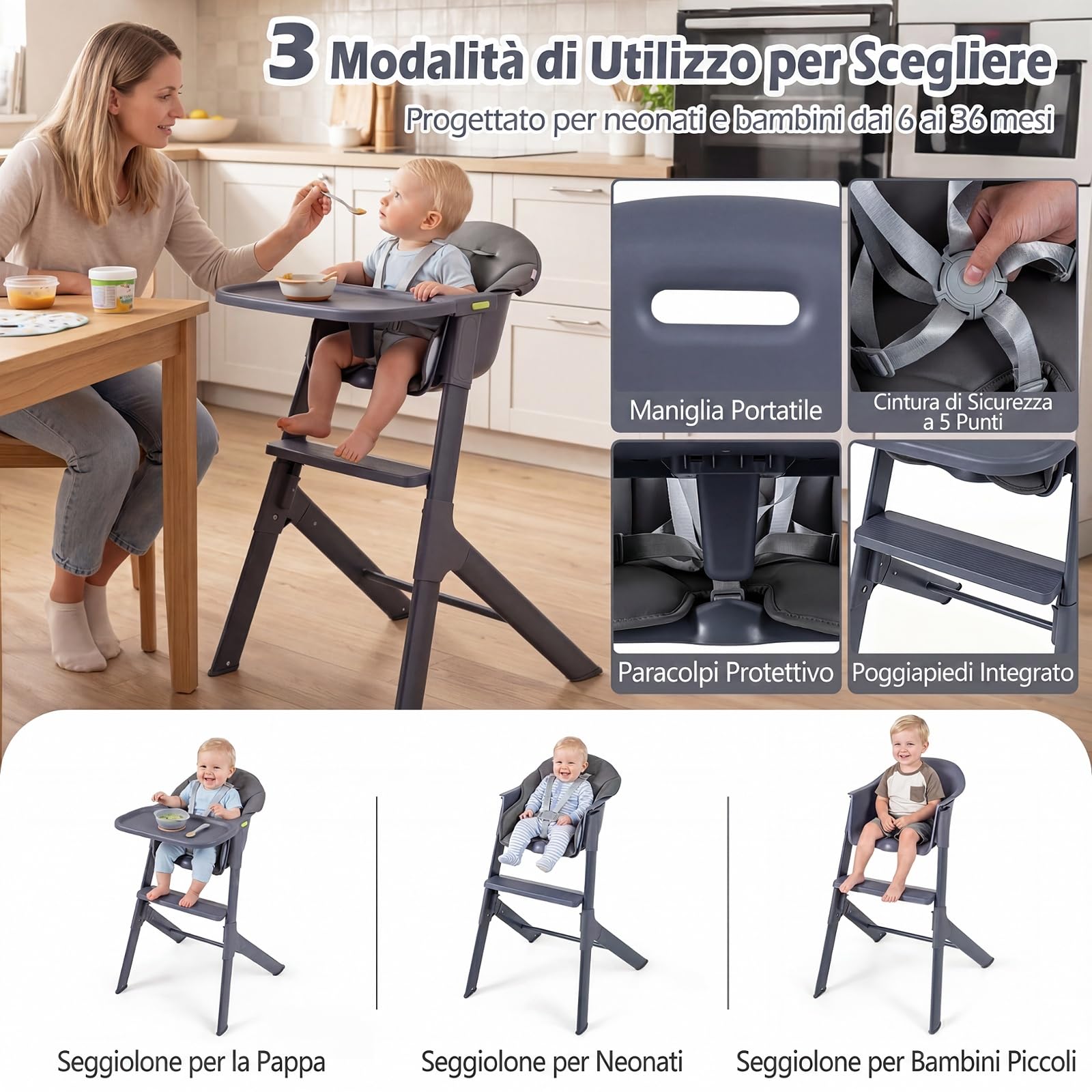 COSTWAY Seggiolone Pappa Evolutivo per Bambini 6-36 Mesi, Lavabile | Sedia Portatile con Vassoio Regolabile, Cuscino Imbottito e Cintura di Sicurezza, Telaio in Metallo, Portata 15 kg
