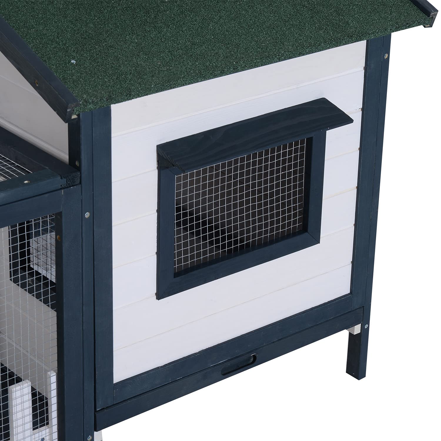PawHut Conigliera da Esterno e Interno, Gabbia per Conigli con Tetto Impermeabile, Casetta e Area per Movimento, Conigliera in Legno di Abete, 151x78x84.5 cm, Verde e Bianco