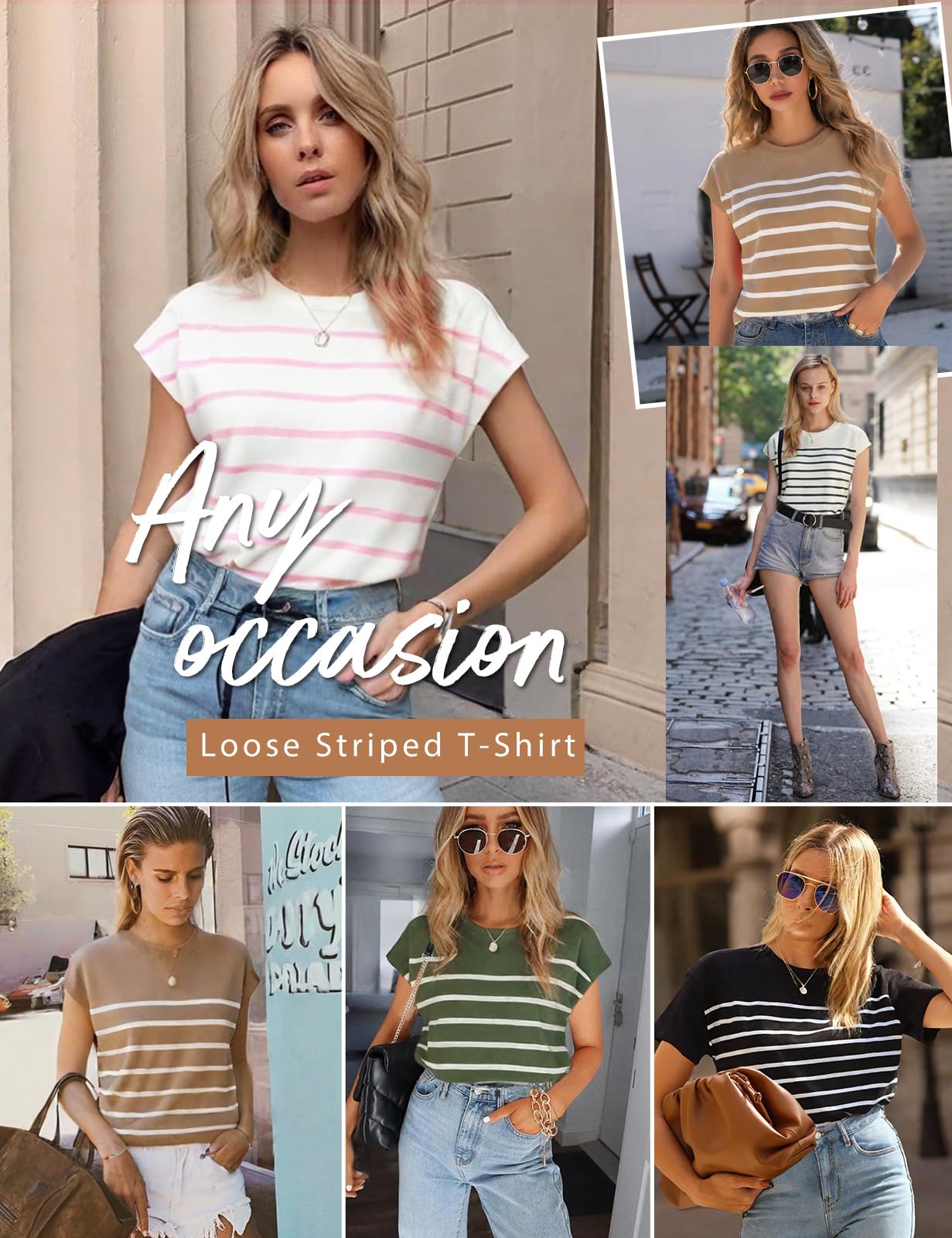 Niwicee Camisetas Manga Corta Mujer Camiseta Mujer Verano Top Mujer Tshirt de Rayas Tops con Cuello Redondo Básica Slim Fit para Mujer Top Elegantes Blusas Informales