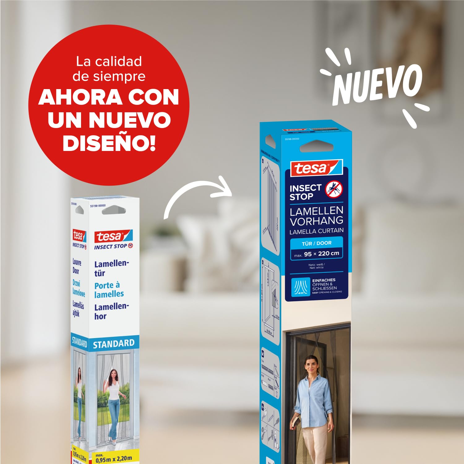 tesa Insect Stop Cortinas STANDARD para Puertas, Mosquitera de 4 Piezas con Cinta Adhesiva de Gancho y Bucle, Sin Necesidad de Taladrar, Blanca, 95 cm x 220 cm