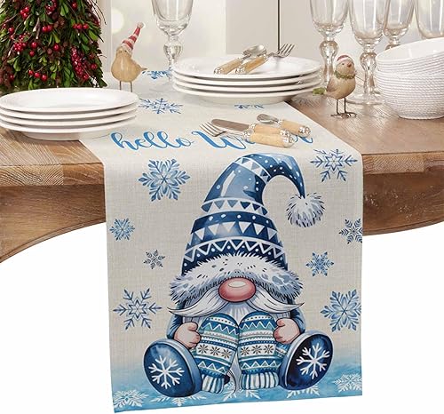 Miniatura 4 de Camino de mesa de gnomos de Navidad de 70 pulgadas de largo, algodón y lino, bufandas de arpillera, cocina, cena, cafetería, decoración de mesa para