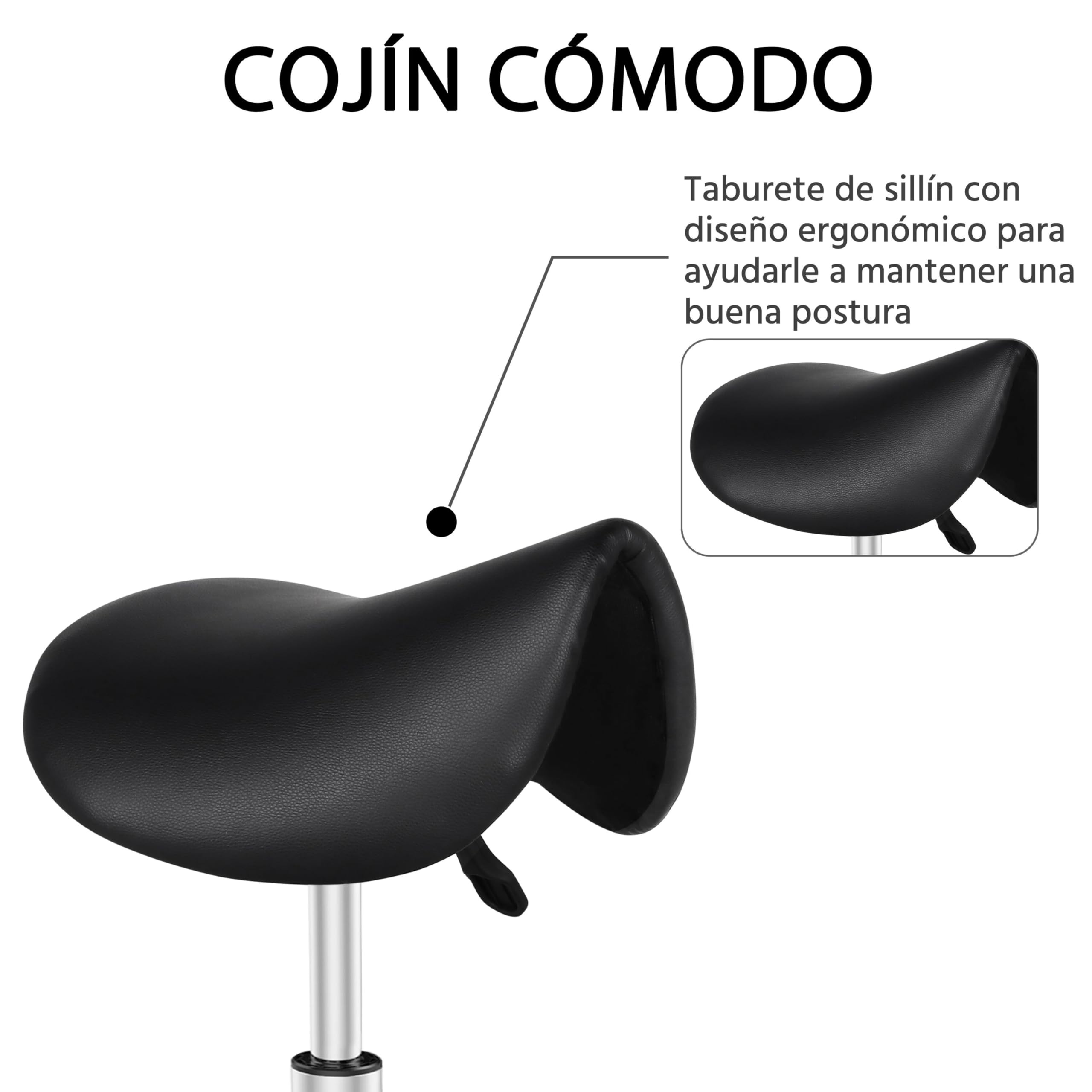 Yaheetech Taburete con Ruedas Taburete Regulable con Respaldo Silla Alta Giratorio para Peluquería Tocador Maquillaje Bar Negro