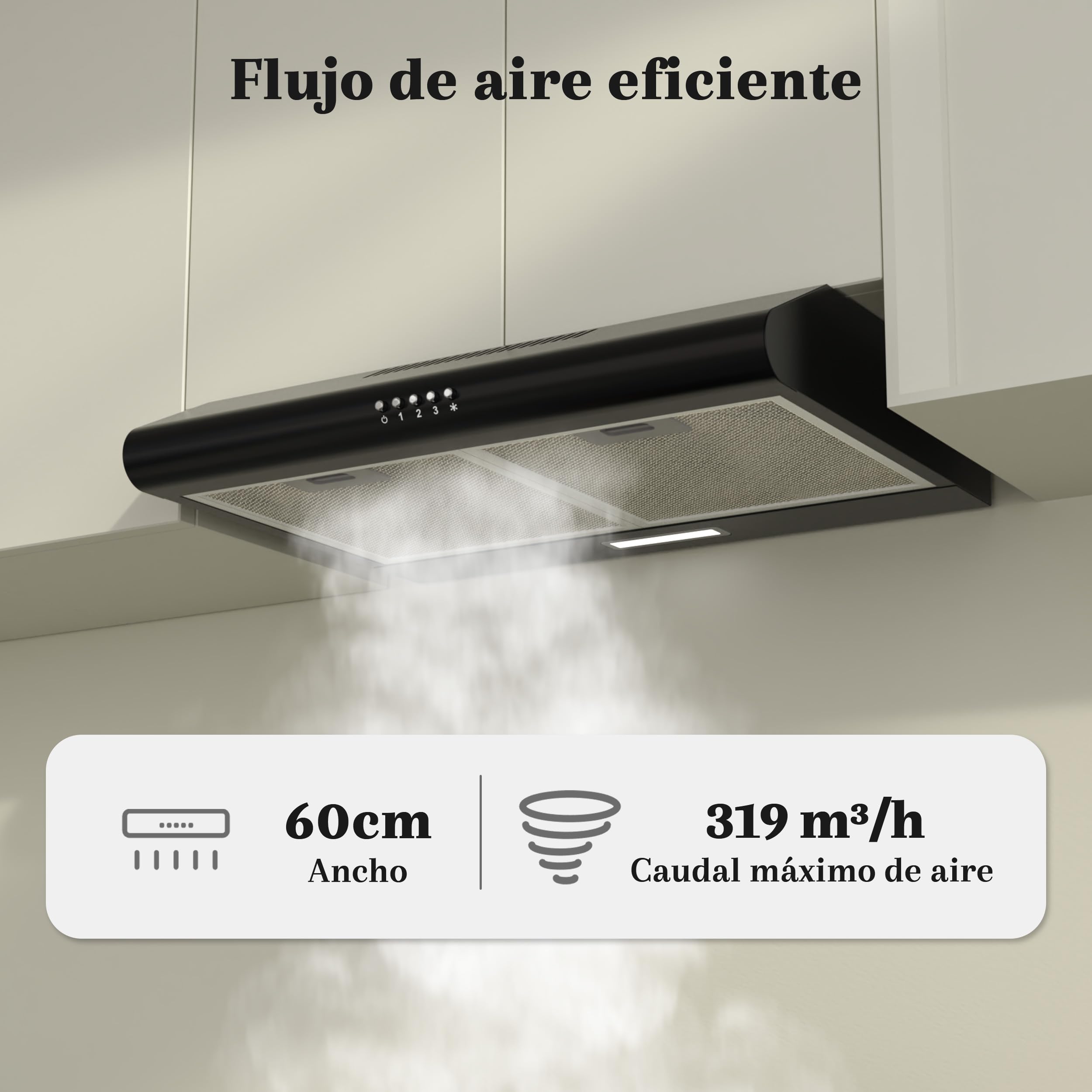 FIREGAS Campana Extractora 60cm Negra A++, Motor Brushless Silencioso 46dB, 319m³/h, Acero Inoxidable, Salida Superior/Trasera o Recirculación, Incluye 2 Filtros de Carbón