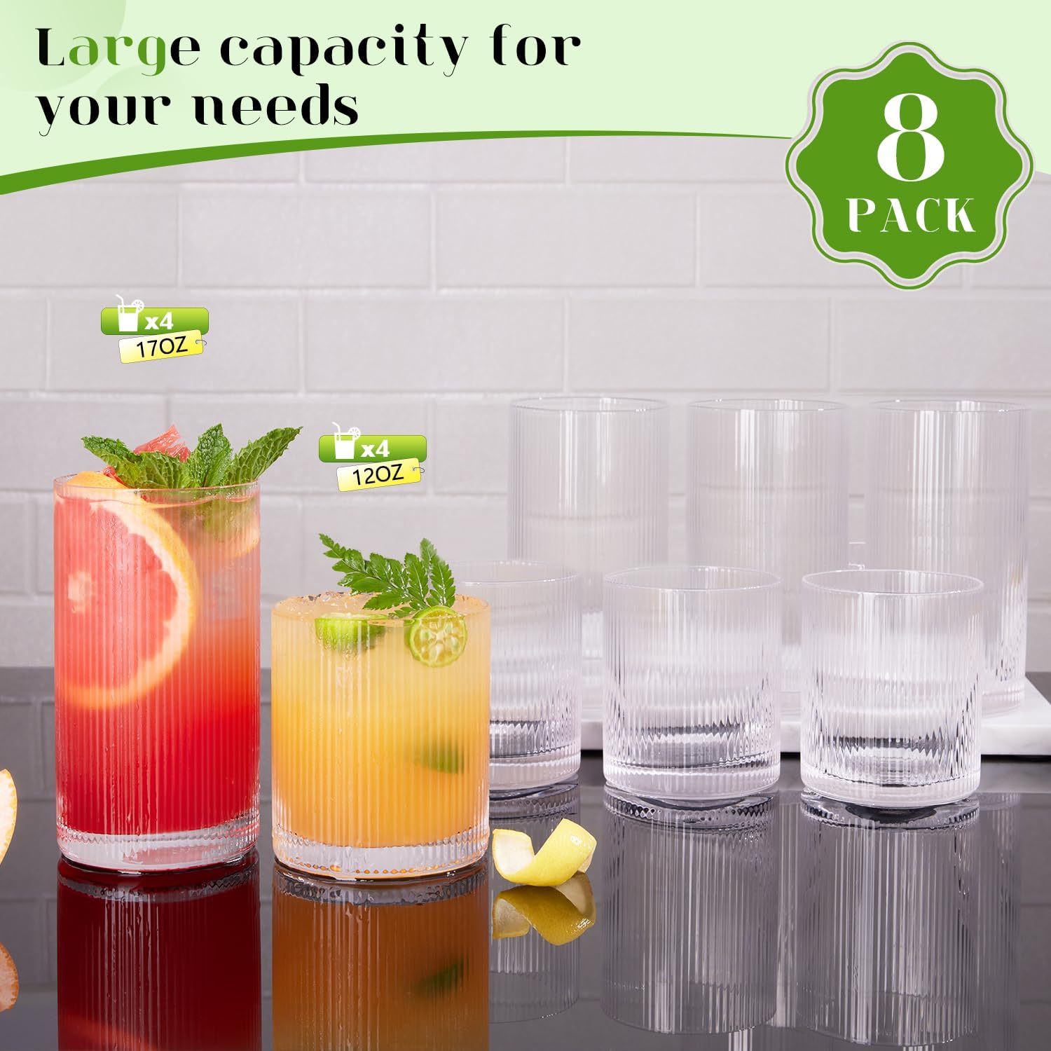 Ribbed Glass Cups Set of 8 - 4 Large Capacity Highball Glasses 17oz, 4 Rocks Glass Cups 12oz, Cocktail Glasses, Drinking Glasses Ideal for Beer, Juice, Water, Ice Coffee Cup, Whiskey, Mixed Drinkware - Image 7