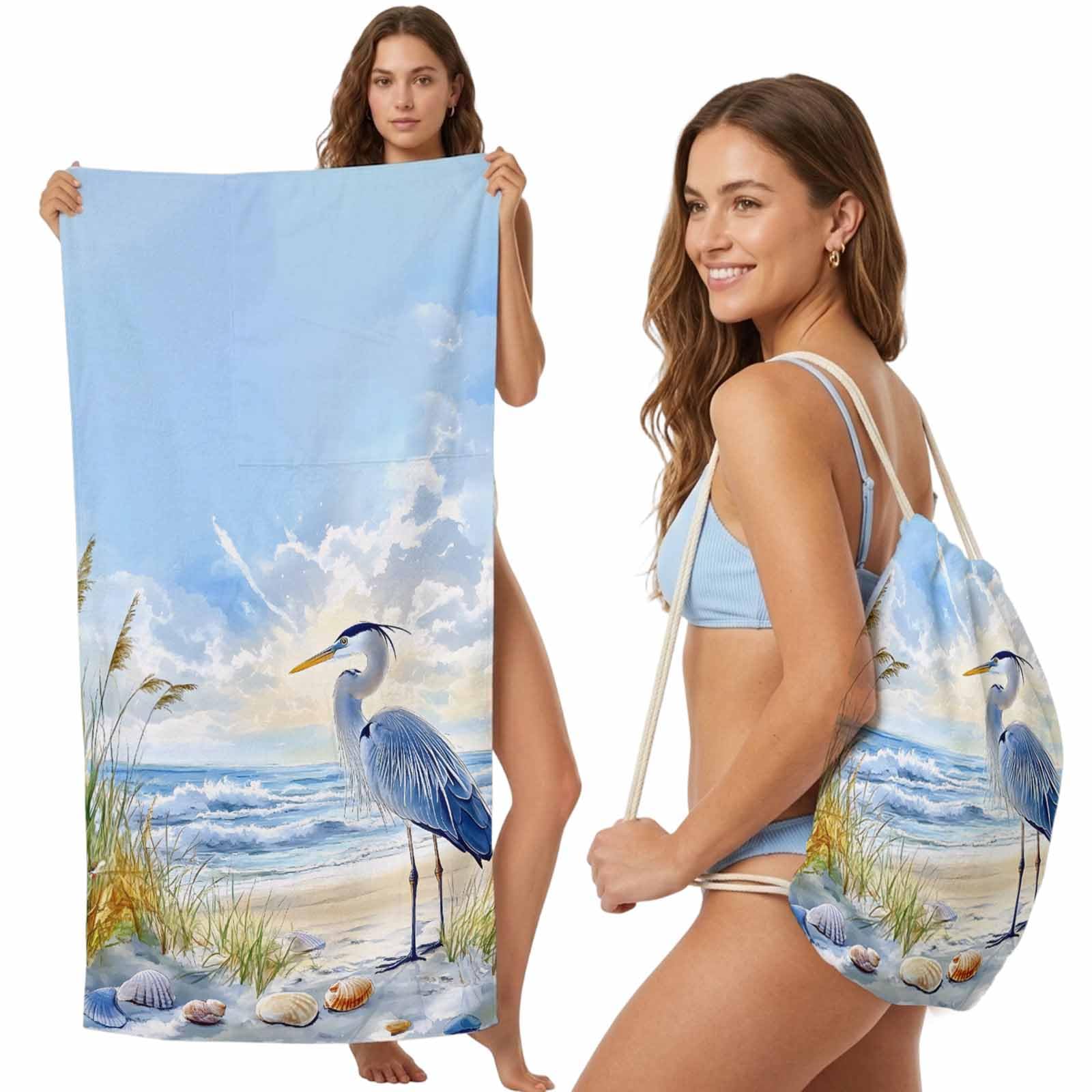 Beach Towel Bag 2 in 1 Blue Seabird Bath Pool Towels Backpack Sandy Beach Absorbent Beach Towel Soft Quick Dry Lightweight Packable Towels Drawstring Bag for Travel Camping Sports Yoga Gym Picnic