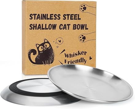 Supet Cat Food Bowls, Whisker Fatigue Cat Dishes, Stainless Steel Non-Slip Cat Plates, 6.7" Shallow Wide Cat Bowls for Indoor Cats, Whisker Friendly Kitten Bowls for Wet & Dry Food 2 pieces