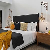 Vista 4 de Juego de dos apliques de pared bohemios, regulables, vintage, con cable enchufable, brazo de metal dorado, lámpara colgante de montaje en pared