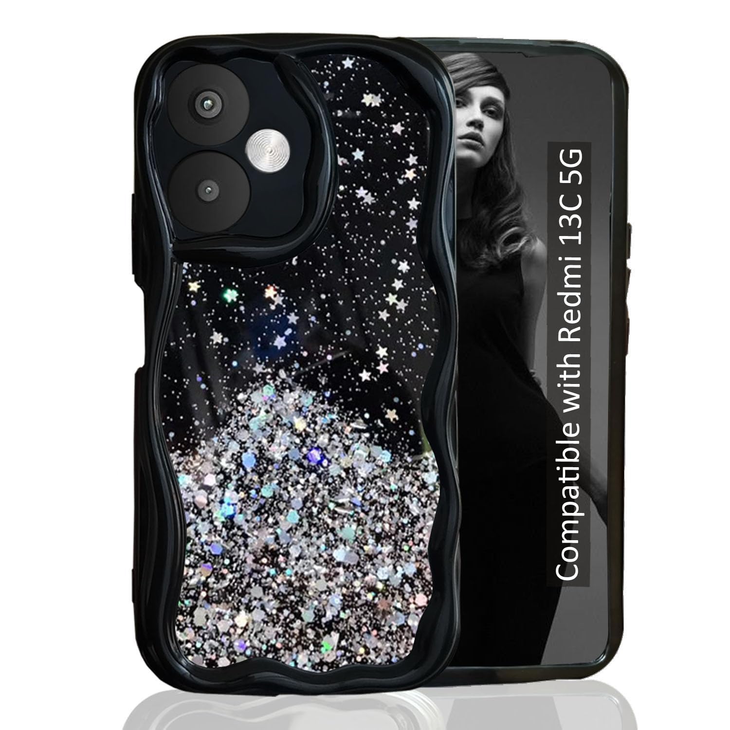 KC Back Cover for Redmi 13C 5G - 3D New Curly Wave Dry Fixed Non Moving Starry Glitter Shockproof Bumper Soft Silicone Case with Camera Protection (Black) (B0D39XBTWL) Amazon Price History, Amazon Price Tracker