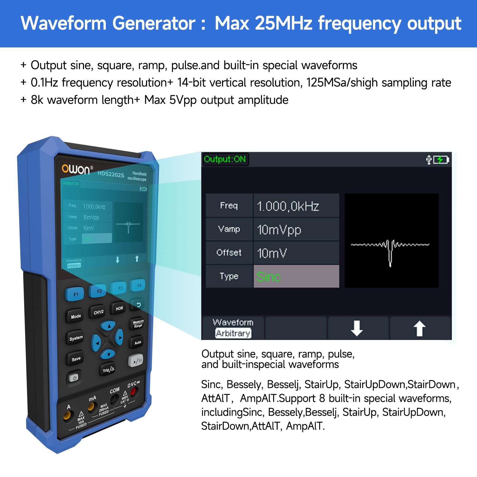 OWON HDS2202S 3 in 1 Hand oszilloskop, 200MHz Bandbreite USB Typ C mit 3,5 Zoll LCD Display, 20000 Zählungen Digital multimeter, 2Kanal Digital Oszilloskop und 1Kanal Wellenformgenerator