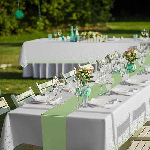 Miniatura 8 de Juego de 16 manteles de plástico y camino de mesa de satén, manteles desechables de punto blanco y verde salvia, camino de mesa de satén verde para