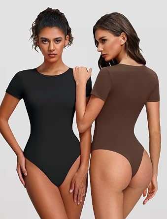 Avidlove Women's Short Sleeve Bodysuit Crew Neck Thong Body Suits Basic T-shirts Body Suit Going Out Top Outfits