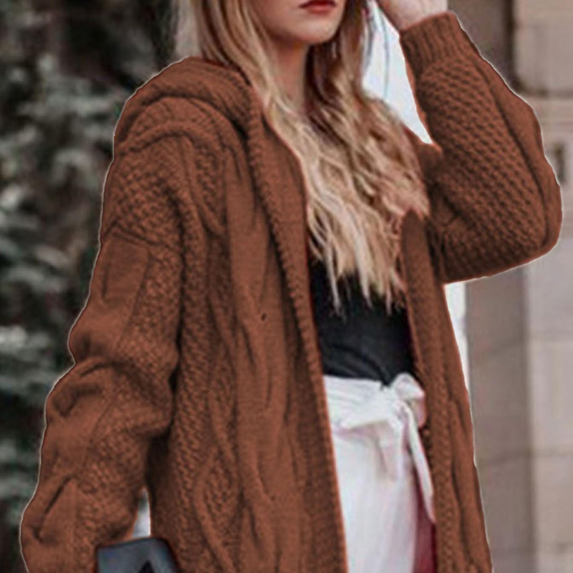 Women Hooded Open Front Cardigan Winter Lightweight Cable Knit Sweaters Solid Color Chunky Long Sweater Coats (5X-Large,Brown)