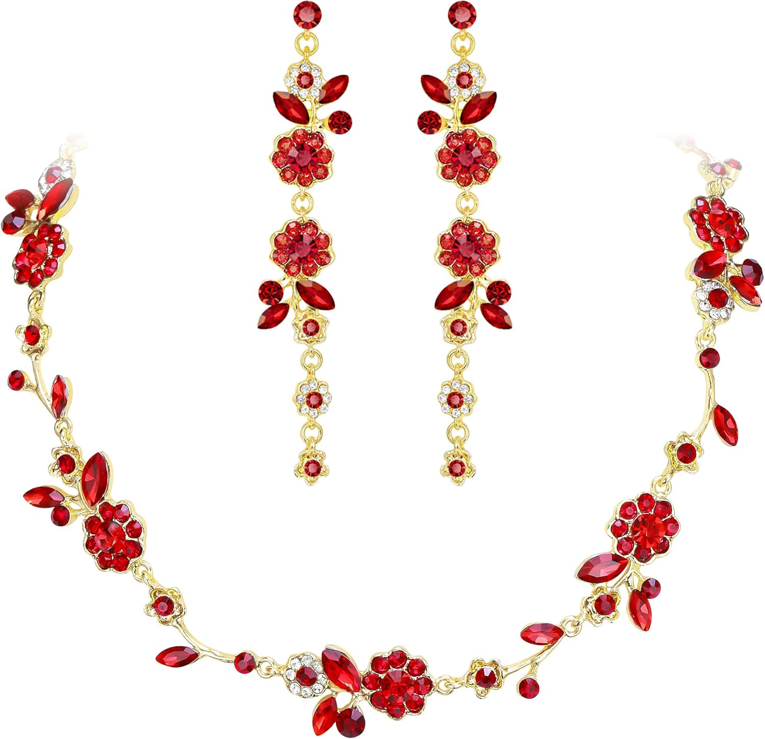 BriLove Flower Jewelry Set for Women,Gorgeous Stunning Crystal Elegant Flowers Marquise Cluster Statement Necklace Long Dangle Drop Earrings Party Prom Accessories