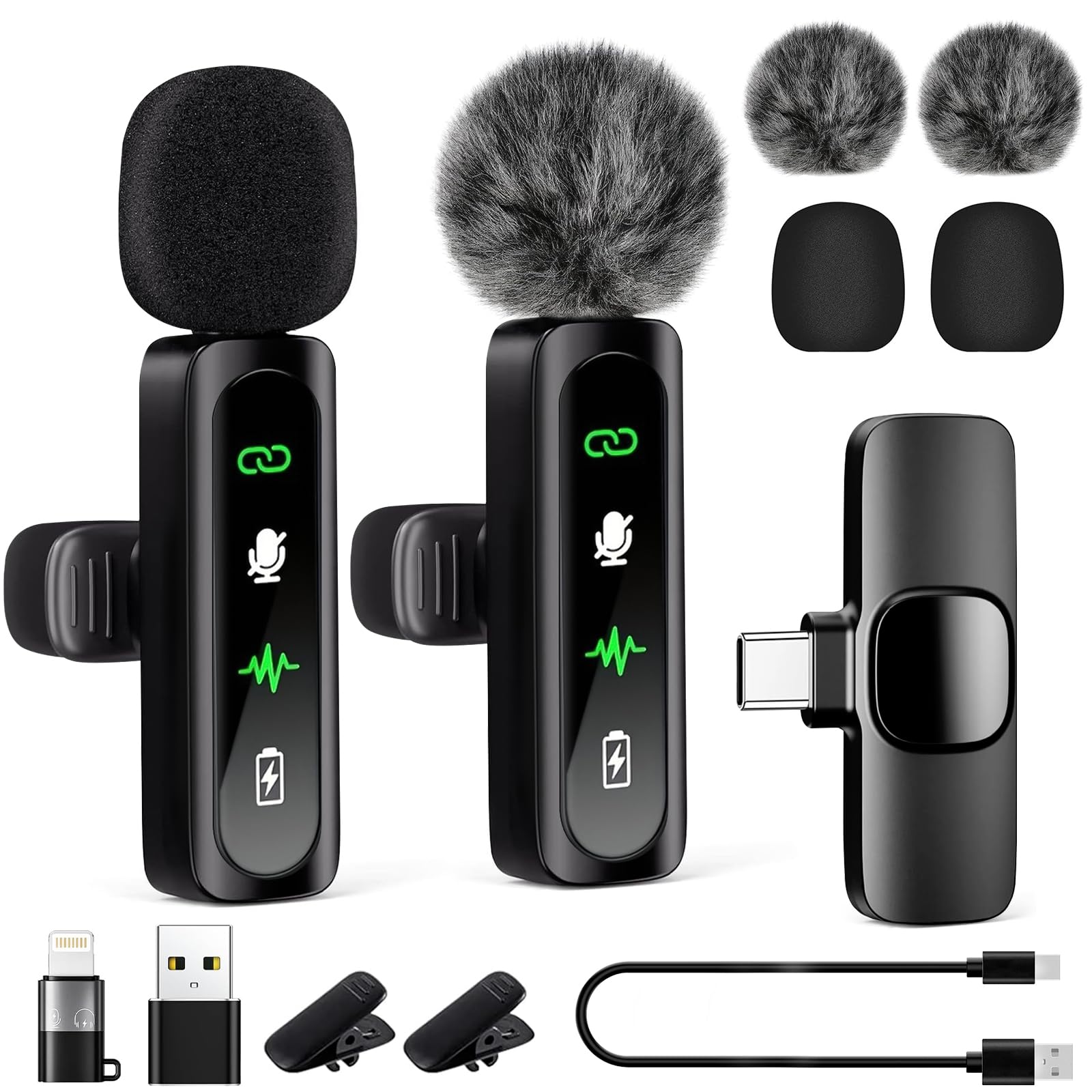 Microfono Lavalier per iPhone Android Laptop, Mini Microfono Wireless, A Clip,Con Display a LED,Riduzione Del Rumore,Per La Registrazione Video Social, Tiktok, Youtube,Streaming, Podcast, Vlogging