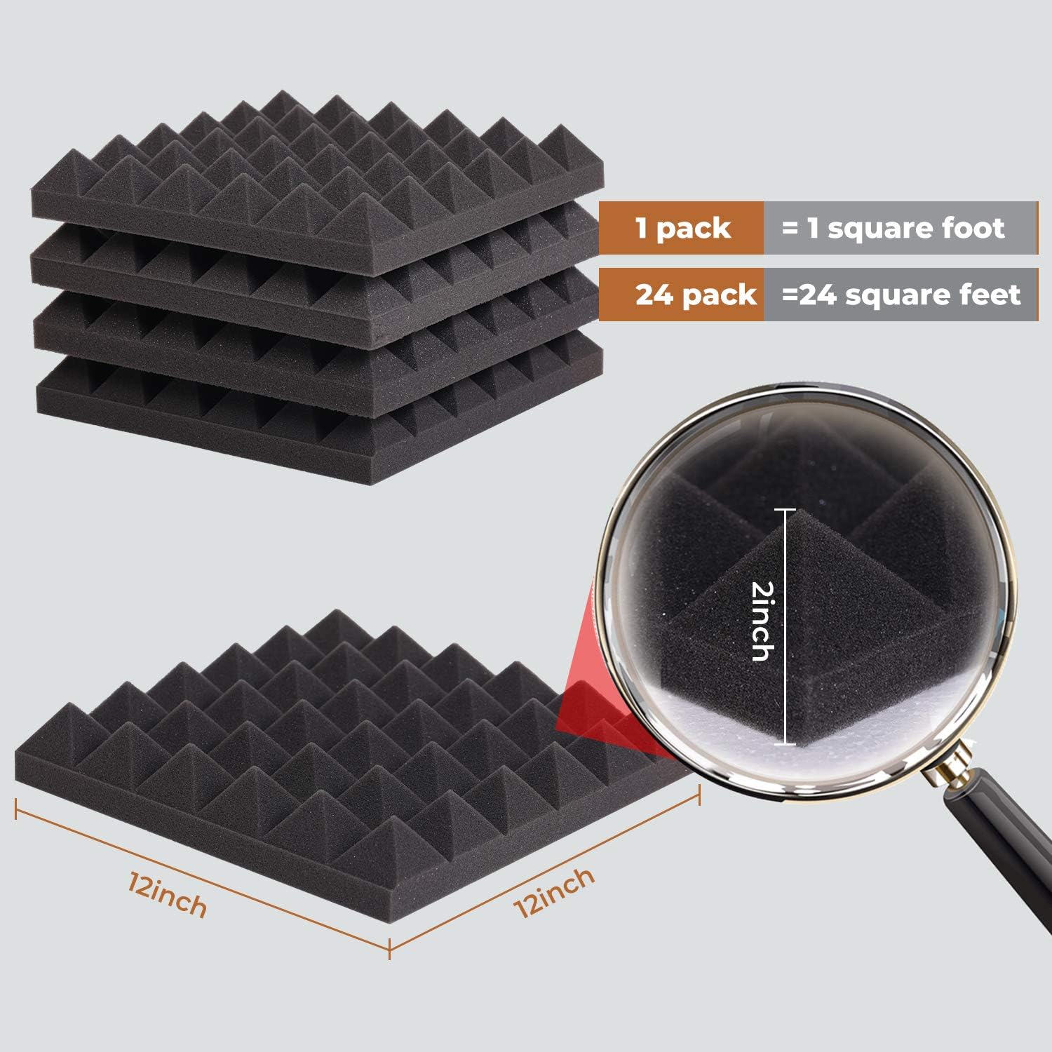 24 Pack 2” Thick Pyramid Acoustic Foam, Sound Proof Foam Panels for Walls — Amazon image 4