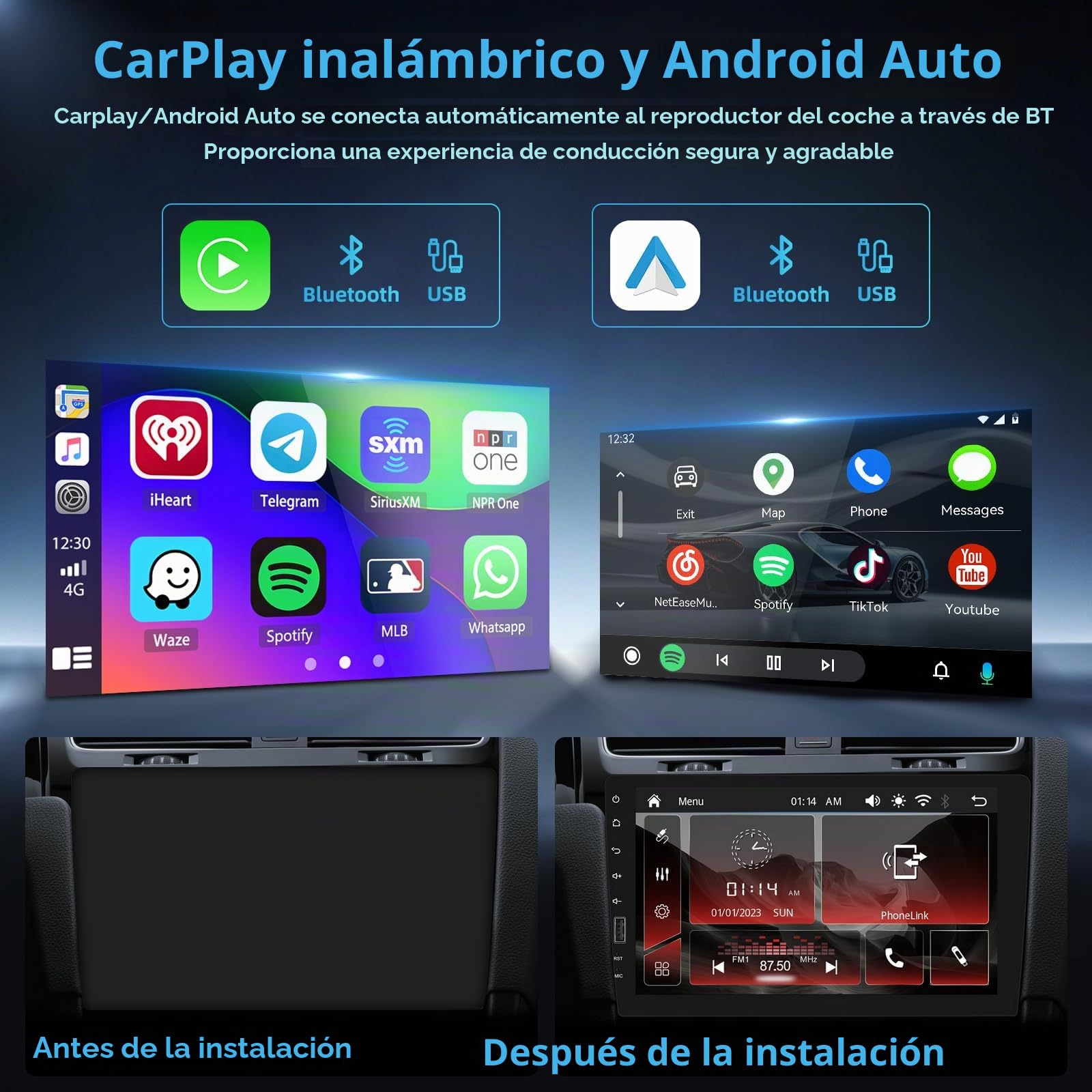 Hikity Radio Coche 1 DIN con Pantalla de 9 Pulgadas, Radio 1 DIN con Carplay Android Auto Inalámbrica Reproducción de Video en Línea Salida de Video Radio FM BT SWC Pantalla Táctil CAM+Mic