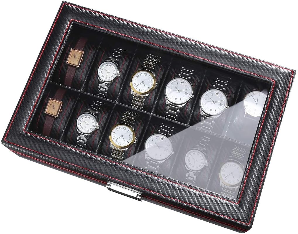 CRITIRON Carbon Fibre Watch Box, Mens 12 Watches Organizer Storage Case,Wristwatches Jewellery Bracelet Collections Holder Display Box with Acrylic Glass Top