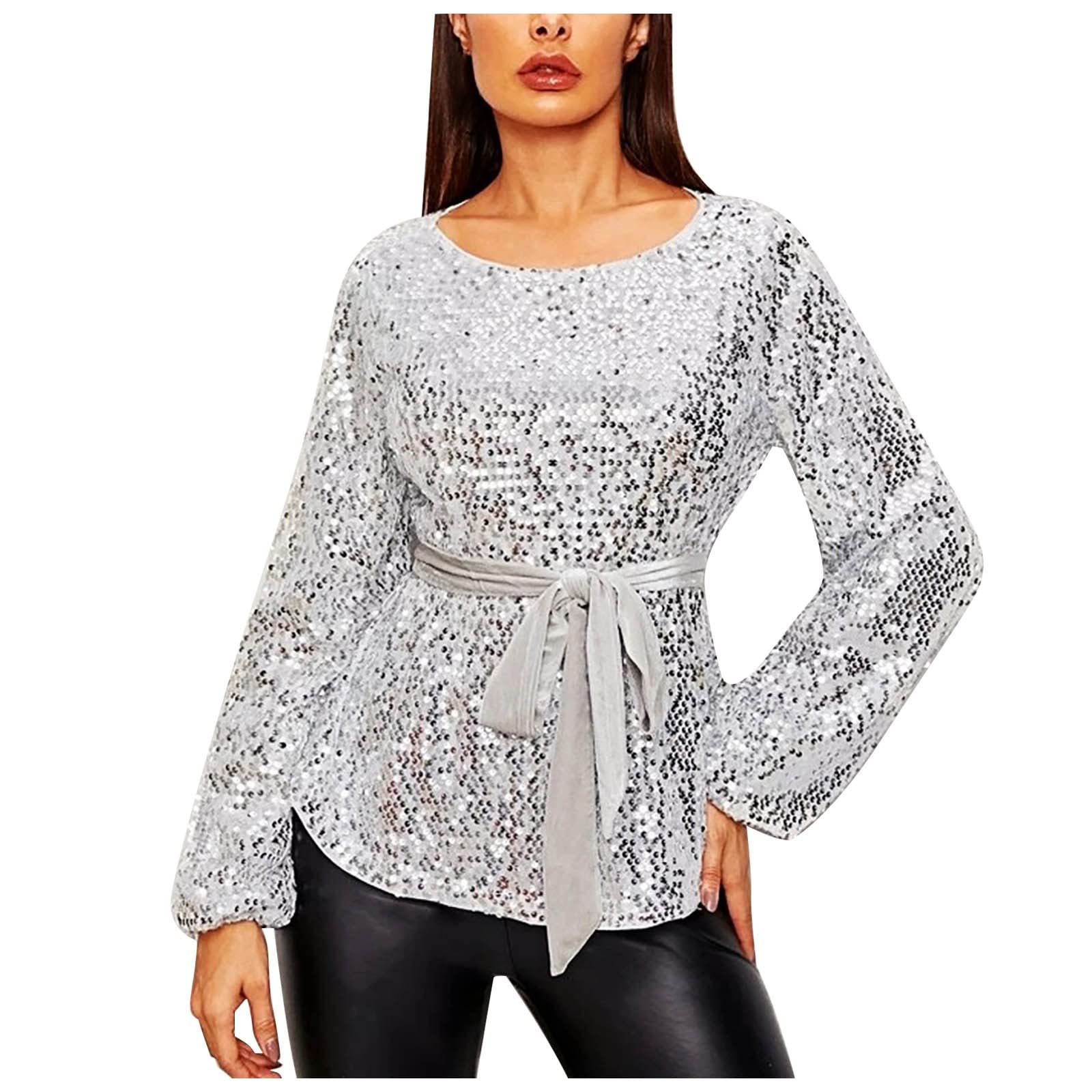 Maglia da donna a vita con paillettes alla moda, con fascia in velluto, a maniche lunghe