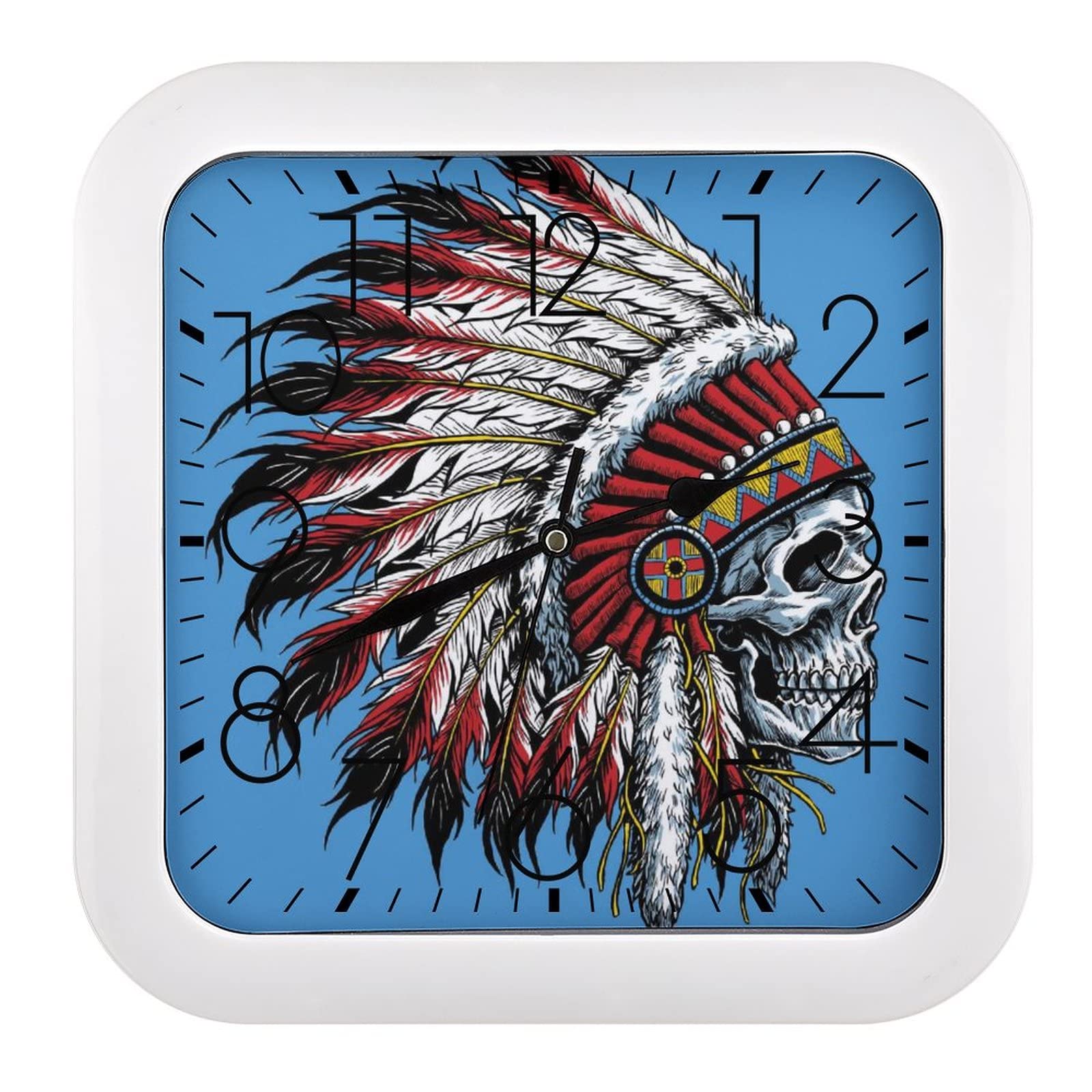 Horloge murale carrée crâne tribal 26x26cm avec grands chiffres pour salon