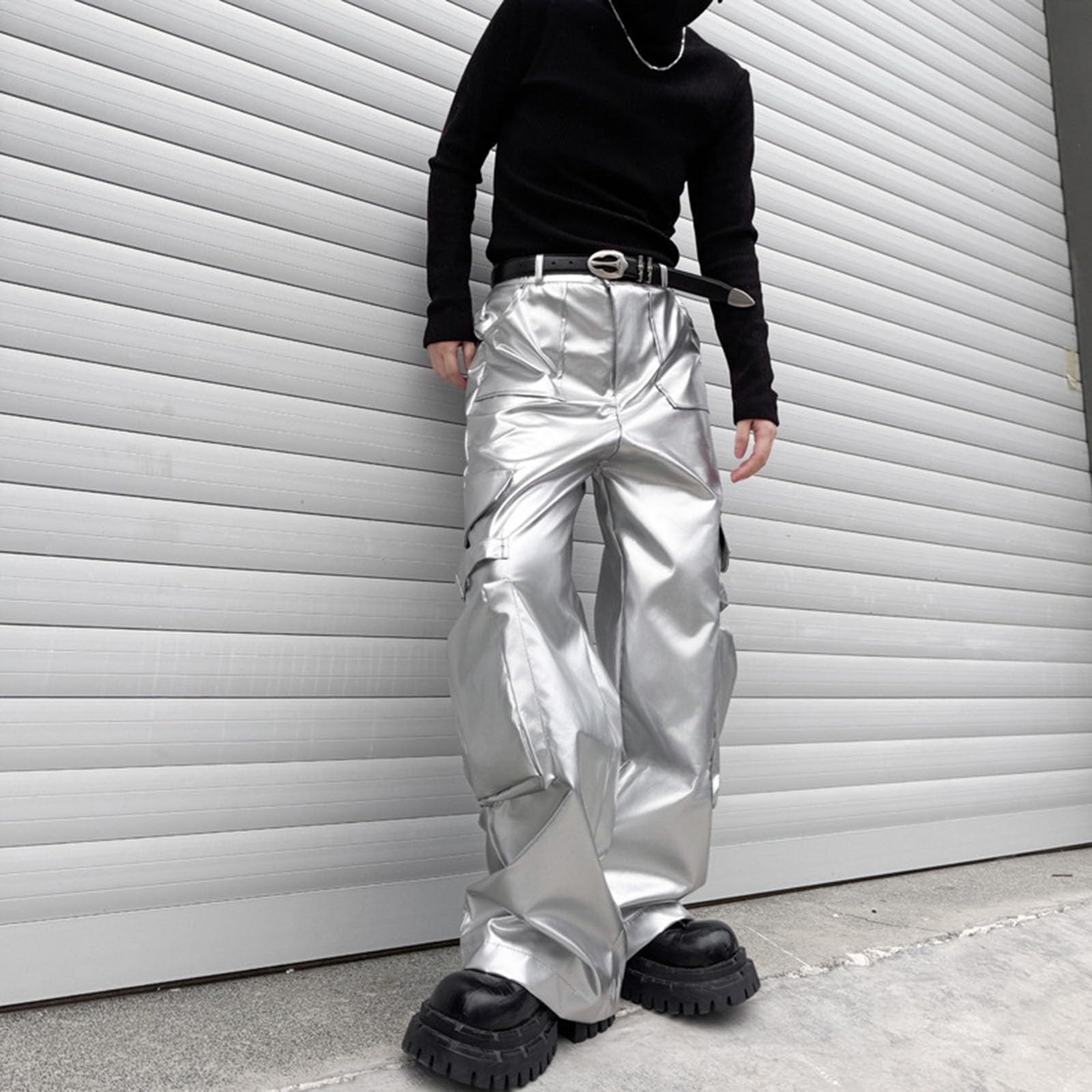 Generisch Pailletten Hose Herren Glänzend Metallic Hose Pailletten Abendkleid Fasching Karneval Kleidung Techno Outfit Nightclubhose Festliche Rave Outfit Partywear für Männer Palazzohose