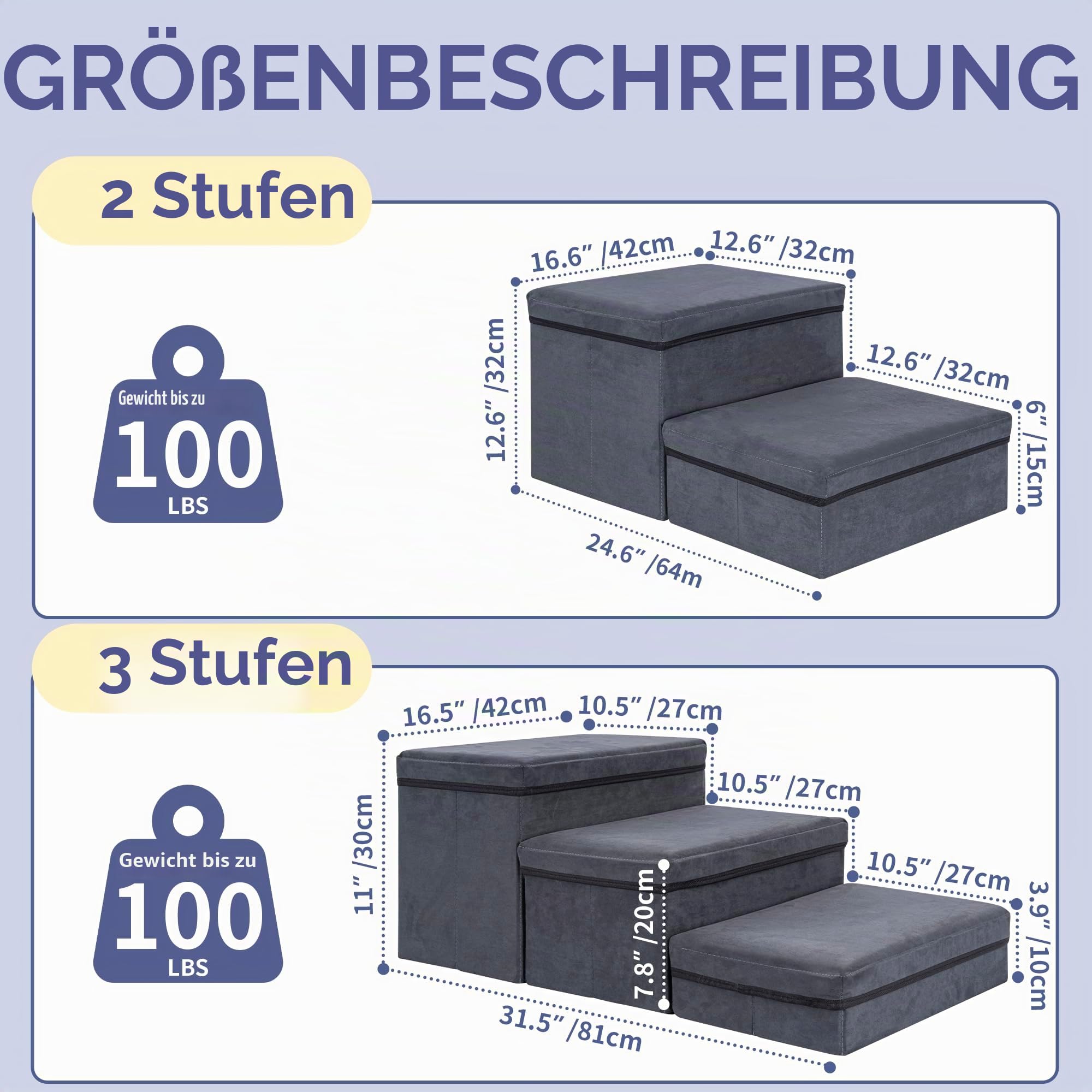AKOZLIN Faltbare Haustiertreppe mit Stauraum 3 Stufen Extra Breite Haustierrampe Haustierleiter Haustiertreppe für Kleine bis Große Hunde Katzen, Dunkelgrau