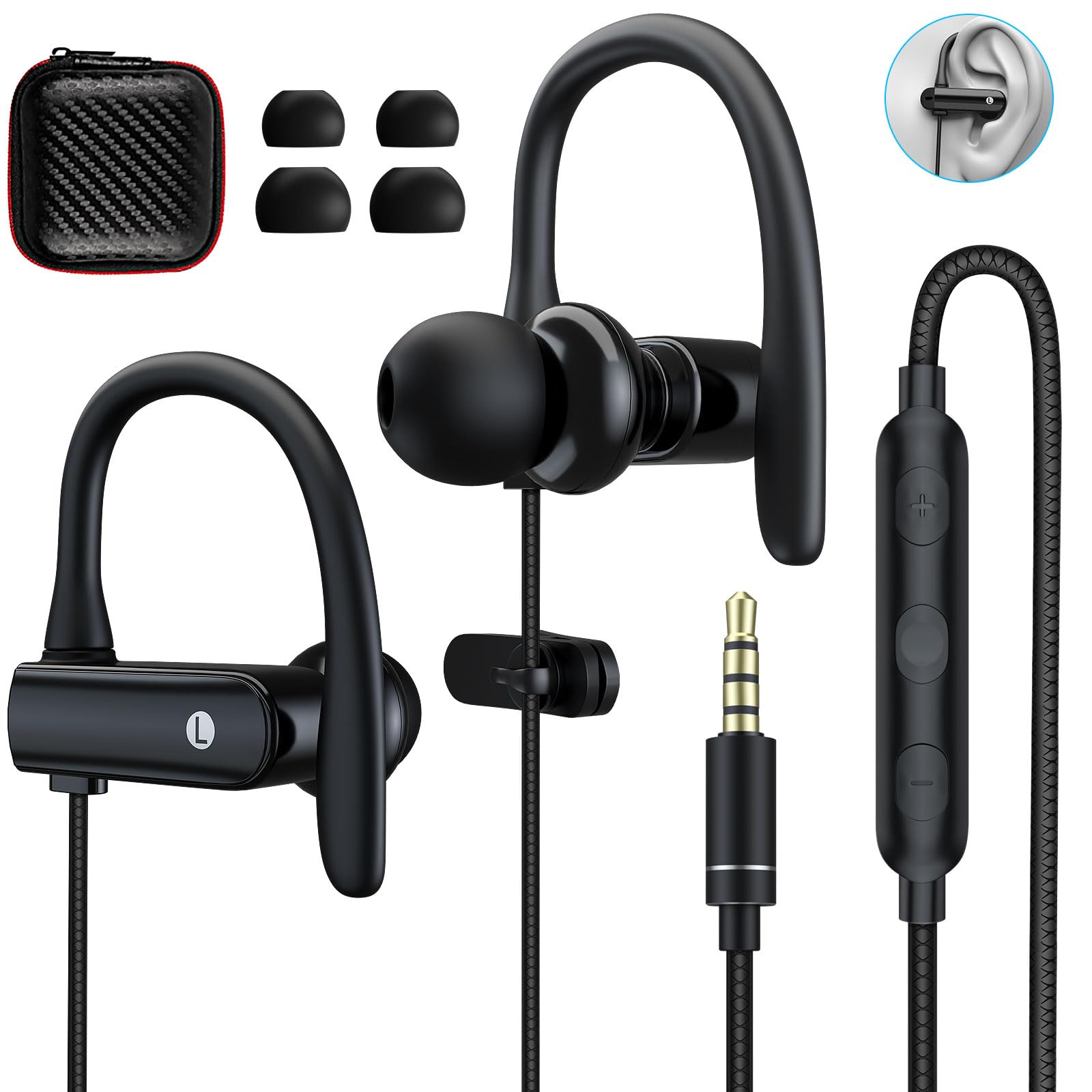 3.5mm Headphones Sport Wired Earbuds with Microphone Noise Isolating Earphone HiFi Stereo Over Ear Buds Wired Plug in with Ear Hook for Samsung Galaxy A15 A03s A14 S10 A12 Moto Switch MP3 Running Fit