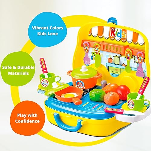 Miniatura 4 de Juego de cocina para niños pequeños, juego de cocina portátil de 25 piezas con comida de juguete, utensilios, ollas y tazas, regalo de cocina de