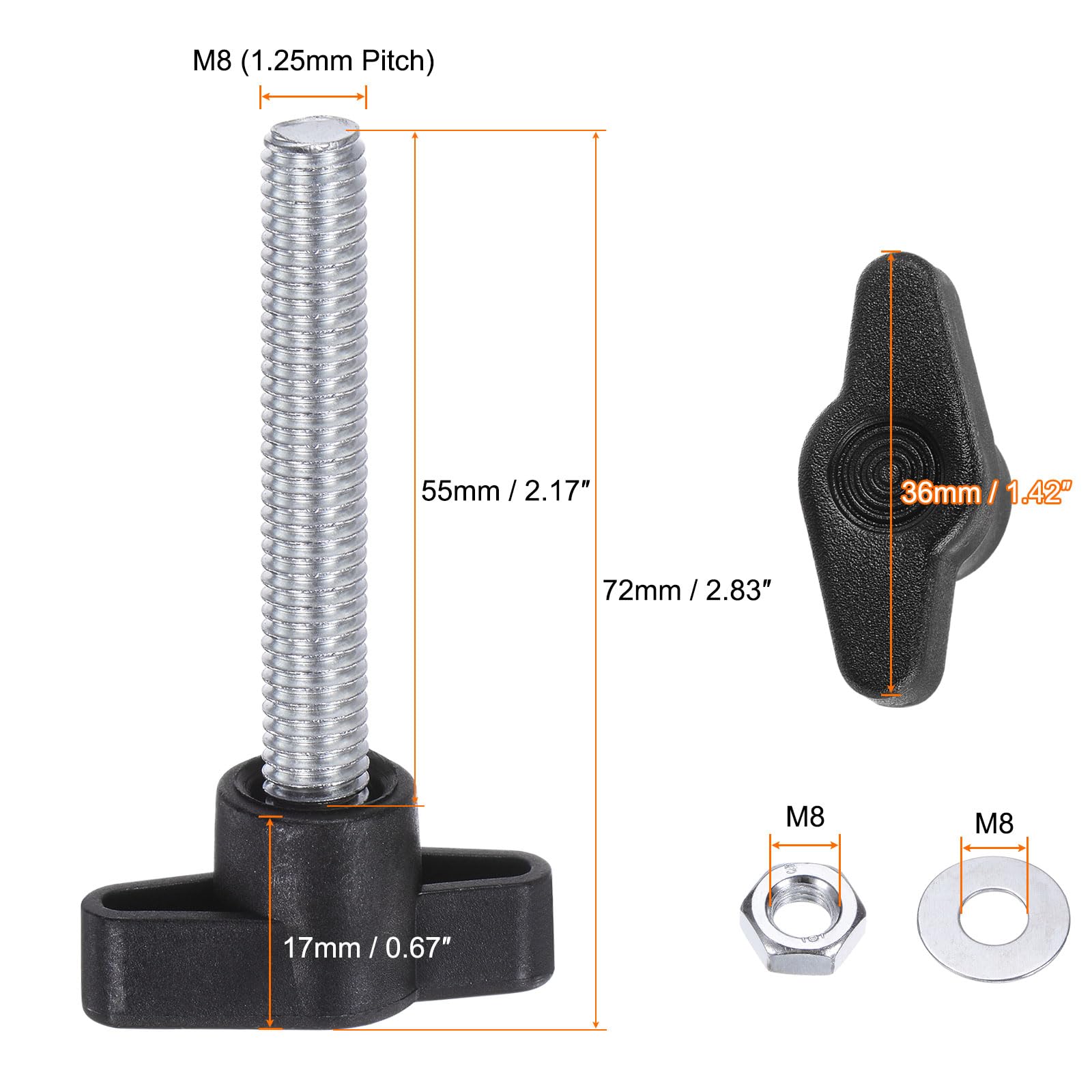HARFINGTON 8pcs Tee Wing Knobs M8 x 55mm Metric Thread 36mm Z/T Head Plastic Handles Thumb Screws Hand Clamping Threaded Stud Knob Grip Thumbscrew with Nuts Washers, Black