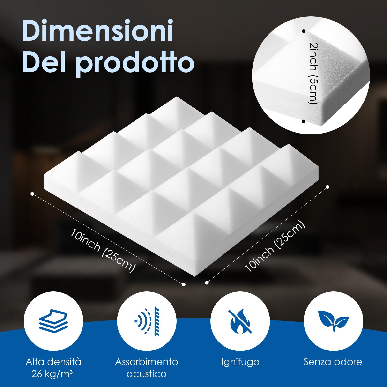 Arrowzoom Pannelli Fonoassorbenti 24pz Piramidali 25x25x5cm Bianco Perla | Pannelli acustici ad alta densità per riduzione eco in studio, gaming, podcast e home office con trattamento pareti