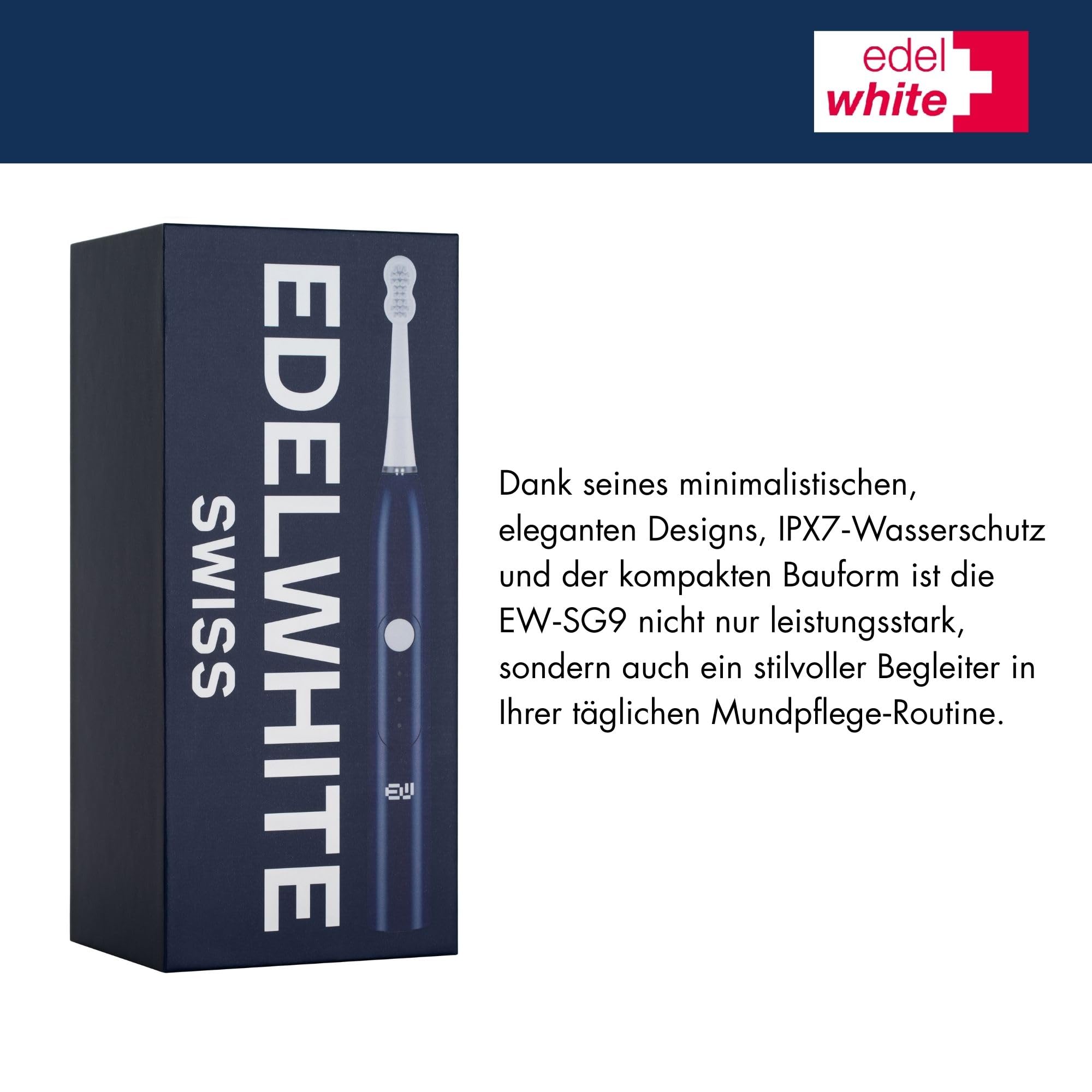 edel + white swiss - EW‑SG9 Viva Sonic - Brosse à dents suisse hydrodynamique avec 3 têtes de brosse professionnelles, charge directe USB C et mode massage - Compact et puissante - Bleu