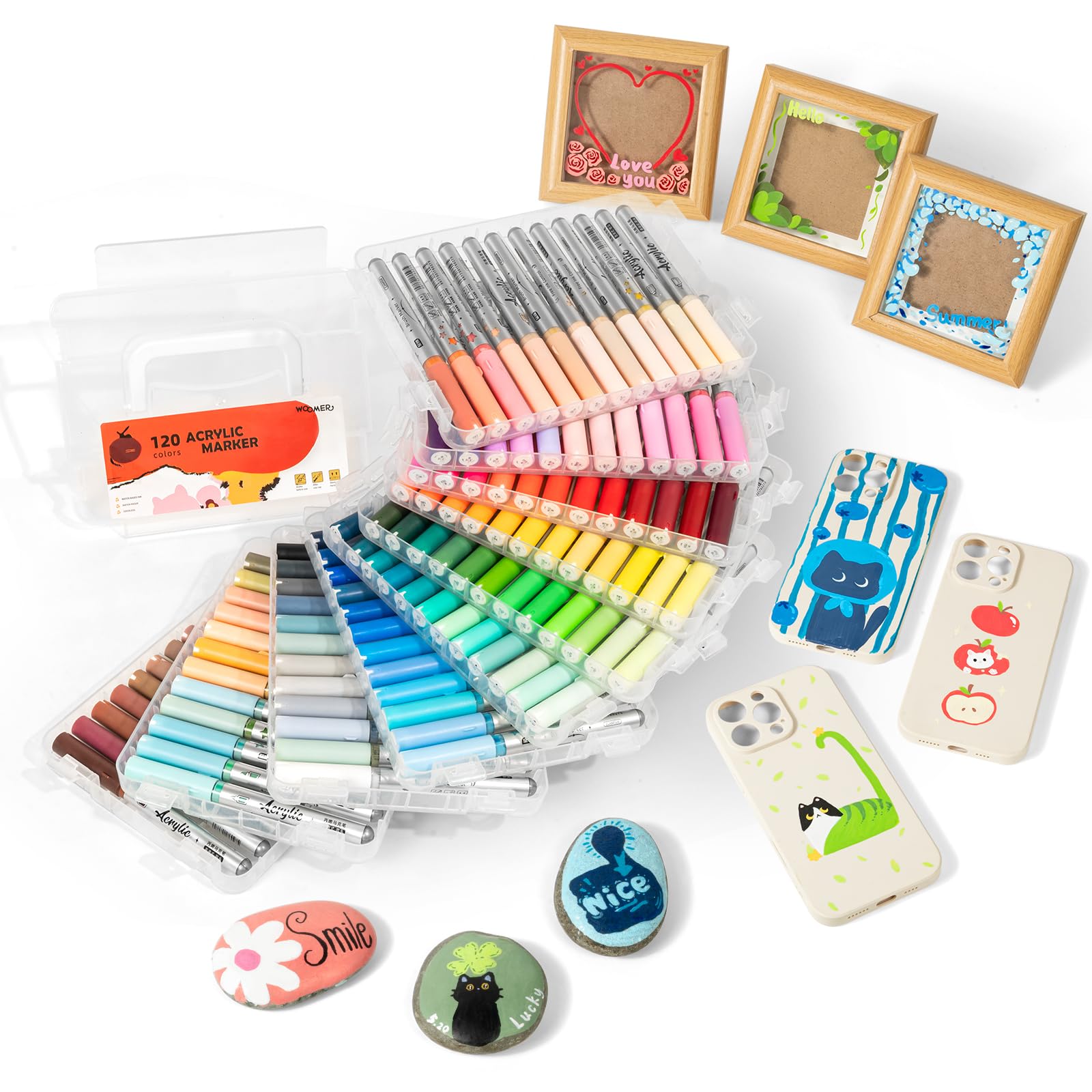 Woomer Acrylmarker 120 Farben Automatische Tintenabgabe | Leicht korrigierbar, kein Farbaufbau, wasserbasierte Tinte,nach Trocknen wasserfest, für Erwachsene,Einzelstifte erhältlich