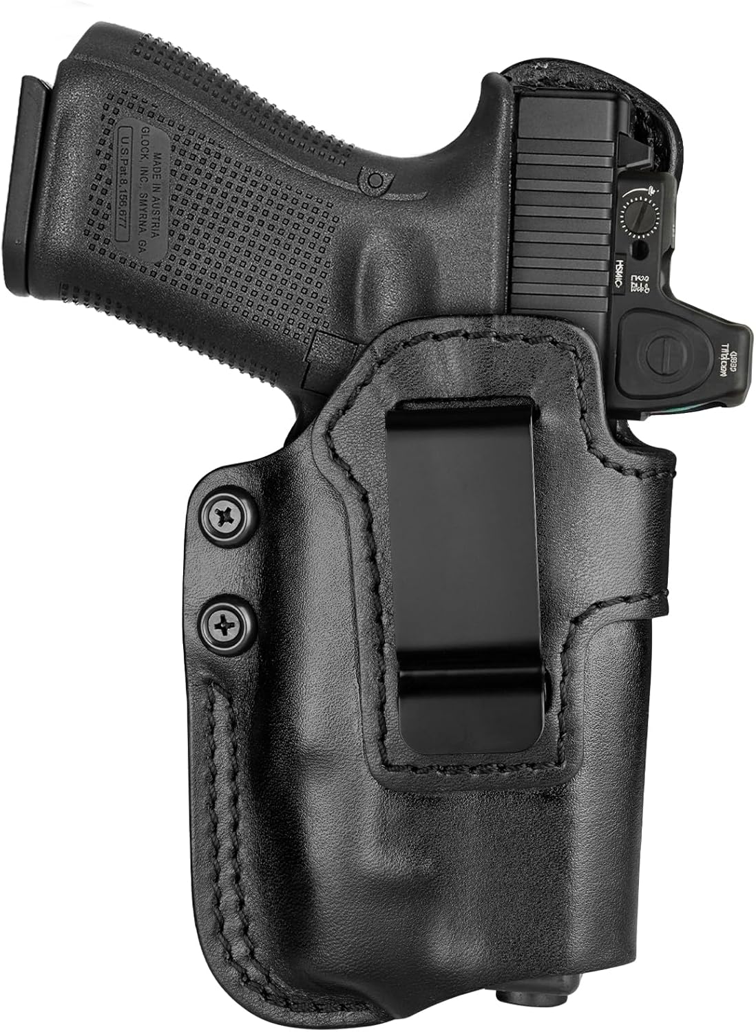 IWB Leather Holster for G17/G19 Gen 3 4 5 6 & G23/G32 Gen 3 4 & G19X/G44/G45 with TLR-7 HL-X & TLR-8 HL-X/TLR-8 G HL-X, Optic-Ready, Inside Waistband Carry, 1.75 Inch Steel Belt Clip, Black, Right