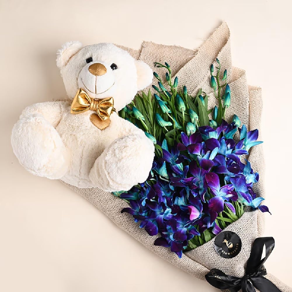 FlowerAura Premium Combo of Fresh Live 6 Blue Flower Bouquet & Teddy Gift For Birthday | Anniversary | Love | Girlfriend's Day | Mothers Day Gift For Mom (Same Day Delivery)-image-19