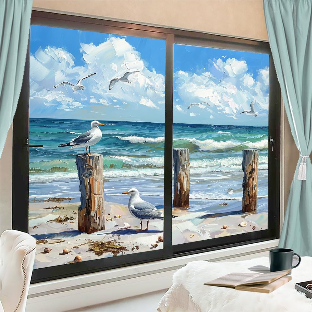 Fyfmushe Vintage Ocean Waves Vintage Sea Waves Window Film Privacy Colorful Blue Beach Seagulls Nature Decorative Stained Static Cling Window Sticker For Home, 60X90 Cm X 2 Pcs