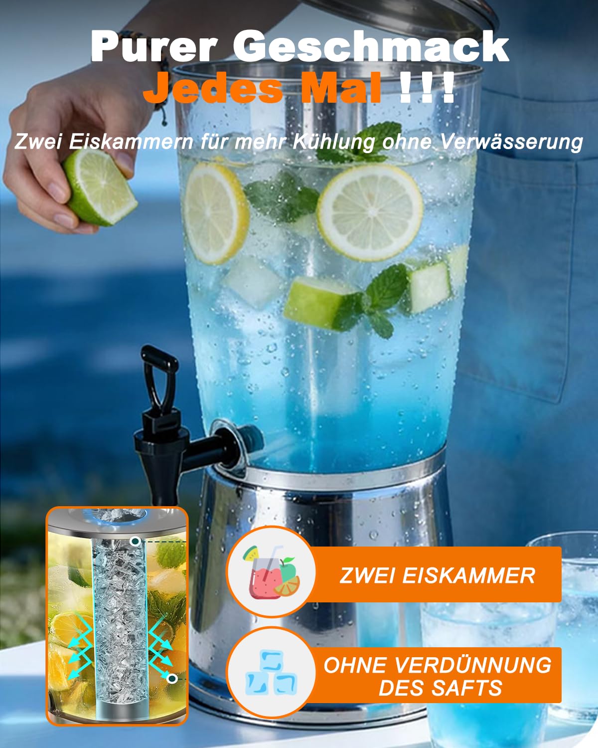 Biertower 8,0 Liter, Biersäule mit Zapfhahn und Ständer, Getränkespender mit Kühlung, für Limonade, Saft, Wasser, Getränke - Robuste Zapfsäule für Party, Grillen & Events Transparent/Silber