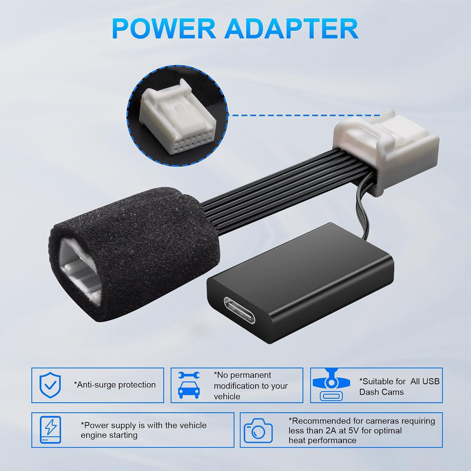 Mangoal Dashcam Power Adapter Custom for Chrysler 14-Pin (Model B) for Ram Jeep Compass Wagoneer & More, Connect Rearview Mirror Plug (Hidden)