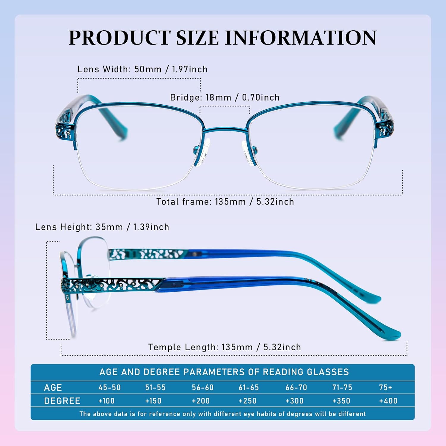 Progressive Multifocal Reading Glasses Women No Line Bifocal Readers with Nose Pad Metal Half Frame Mid-Near Range - Image 6