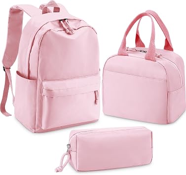 Dusty Pink 3 Pcs Girls Backpack with Lunch Box and Pencil Case School Bookbag for Teen Girl 17 Inch Water Resistant Back to School Solid Color