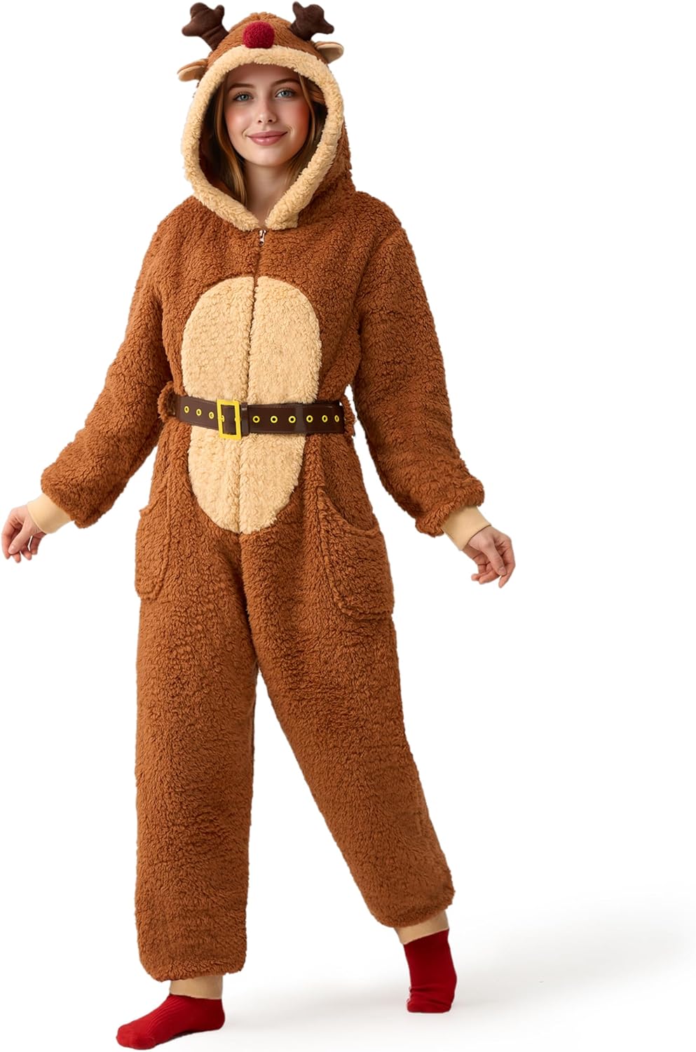 Giggling Getup Adult Womens Christmas Pajamas, Sherpa Fleece Pajamas Women, Reindeer Hoody Holiday Jumpsuit