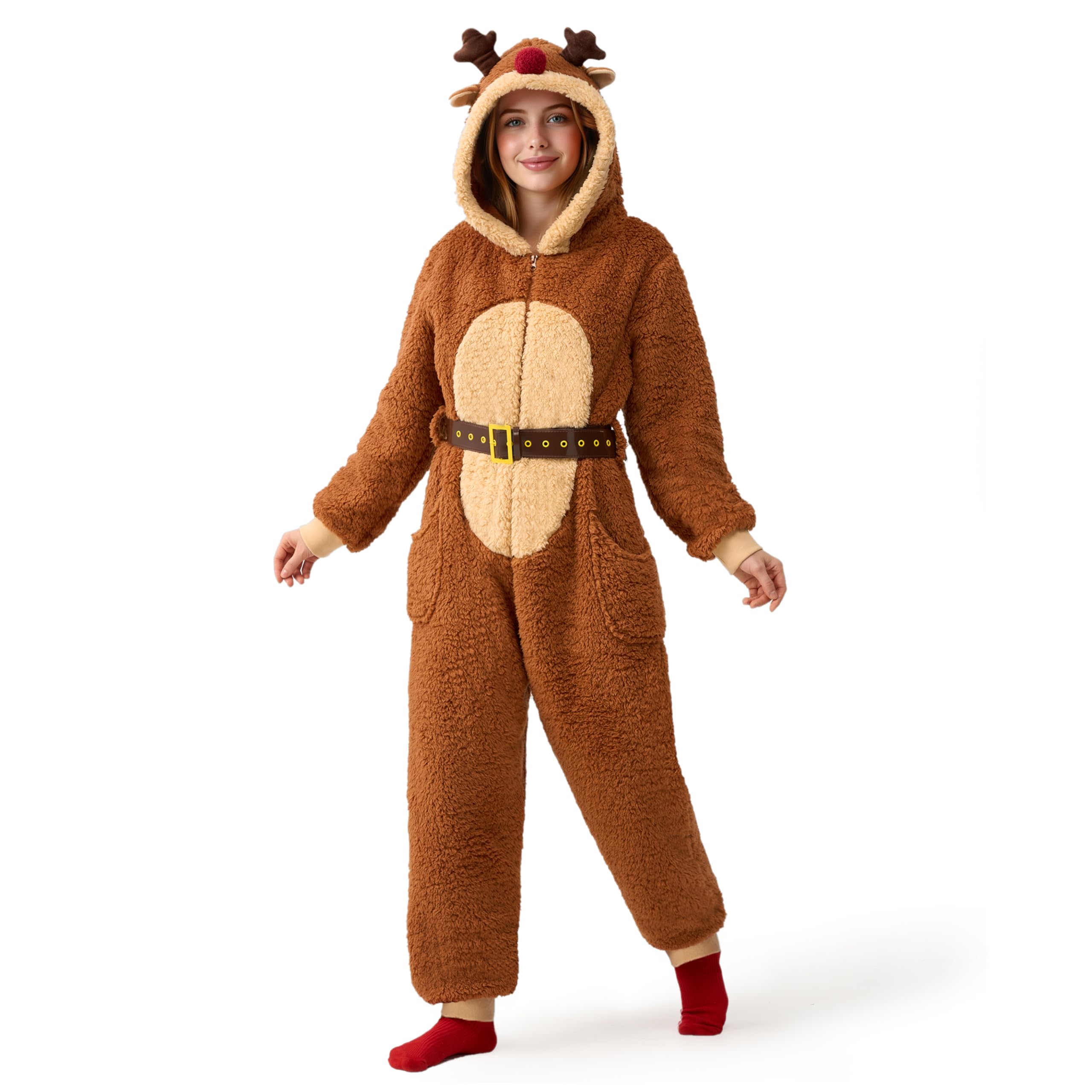 Giggling Getup Pyjama de Noël à capuche pour femme, pyjama d'hiver une pièce pour adulte, marron, X-Large