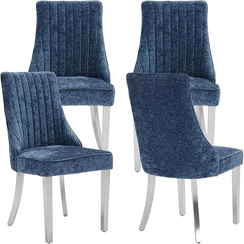 Miniatura 8 de Mid-Century - Juego de 2 sillas de comedor modernas, tapizadas de tela con canal copetudo, Sillas de Comedor con patas curvadas de madera maciza, 05