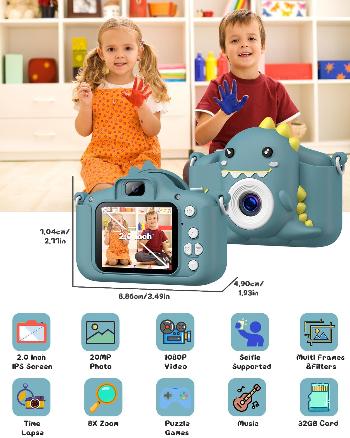 Gofunly Macchina Fotografica Bambini, 2.0 Pollici Schermo HD da 1080P Selfie Fotocamera Digitale per Bambina Videocamera Regalo per Ragazze & Ragazzi 3-12 Anni, Scheda 32GB Inclusa, Regali Giocattolo