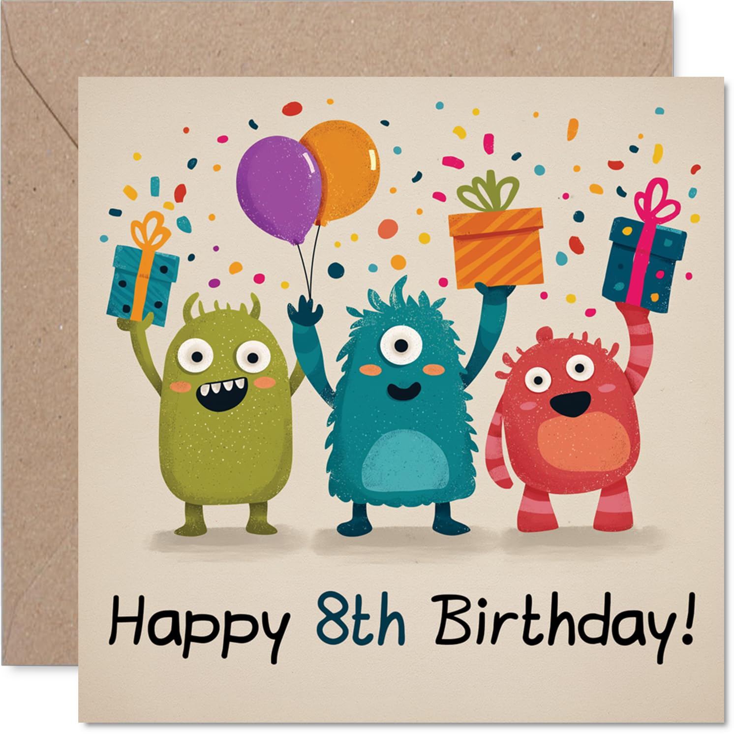 Playful 8th Birthday Card - Monstrously Fun Celebration - Three Colourful Monsters with Balloons and Presents - 145mm Square, Envelope Included