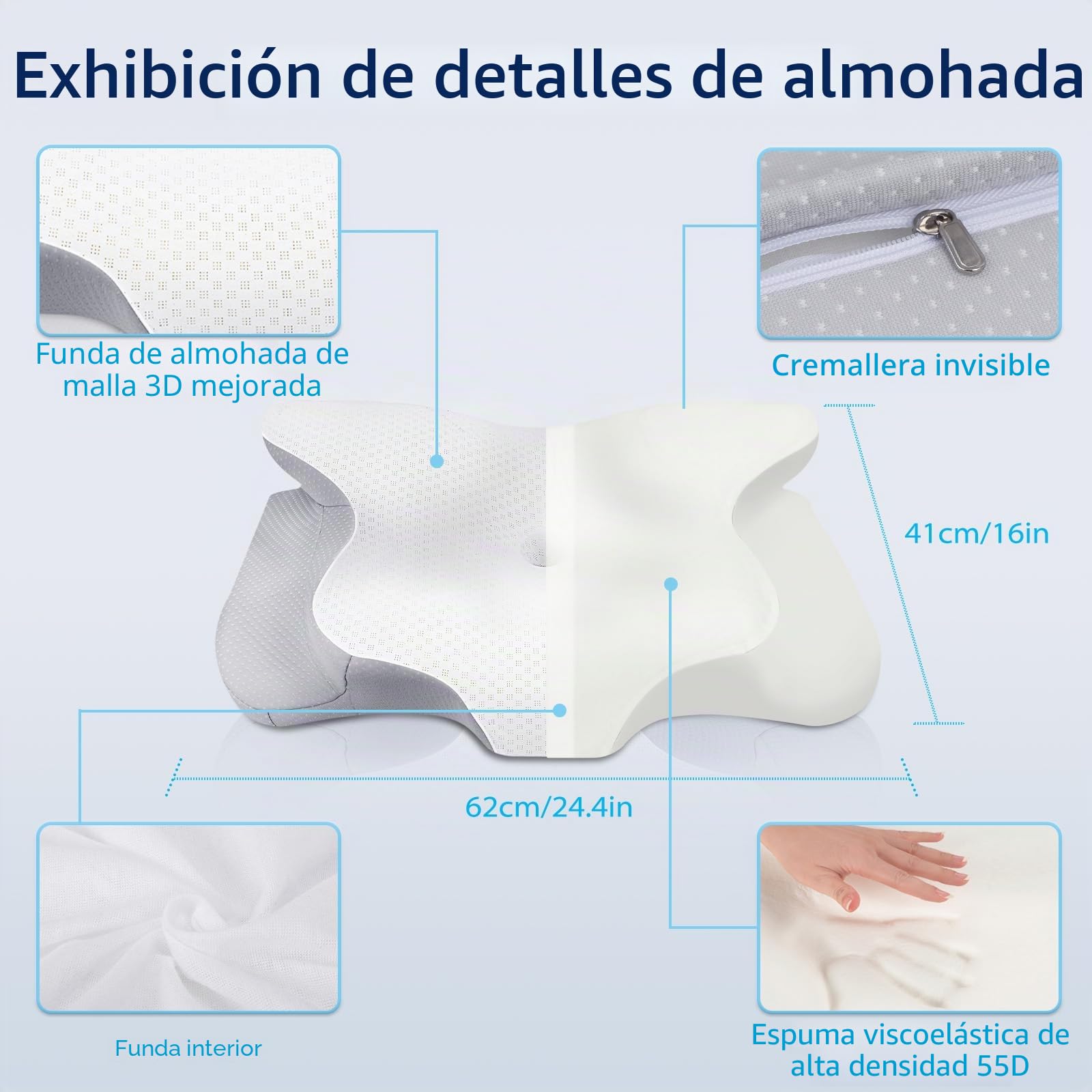 HOMCA Almohada Cervical de Espuma Viscoelastica, Almohada Ergonómica con Soporte para Cuello y Hombros, Almohadas para Dormir de Lado y de Espalda, Gris
