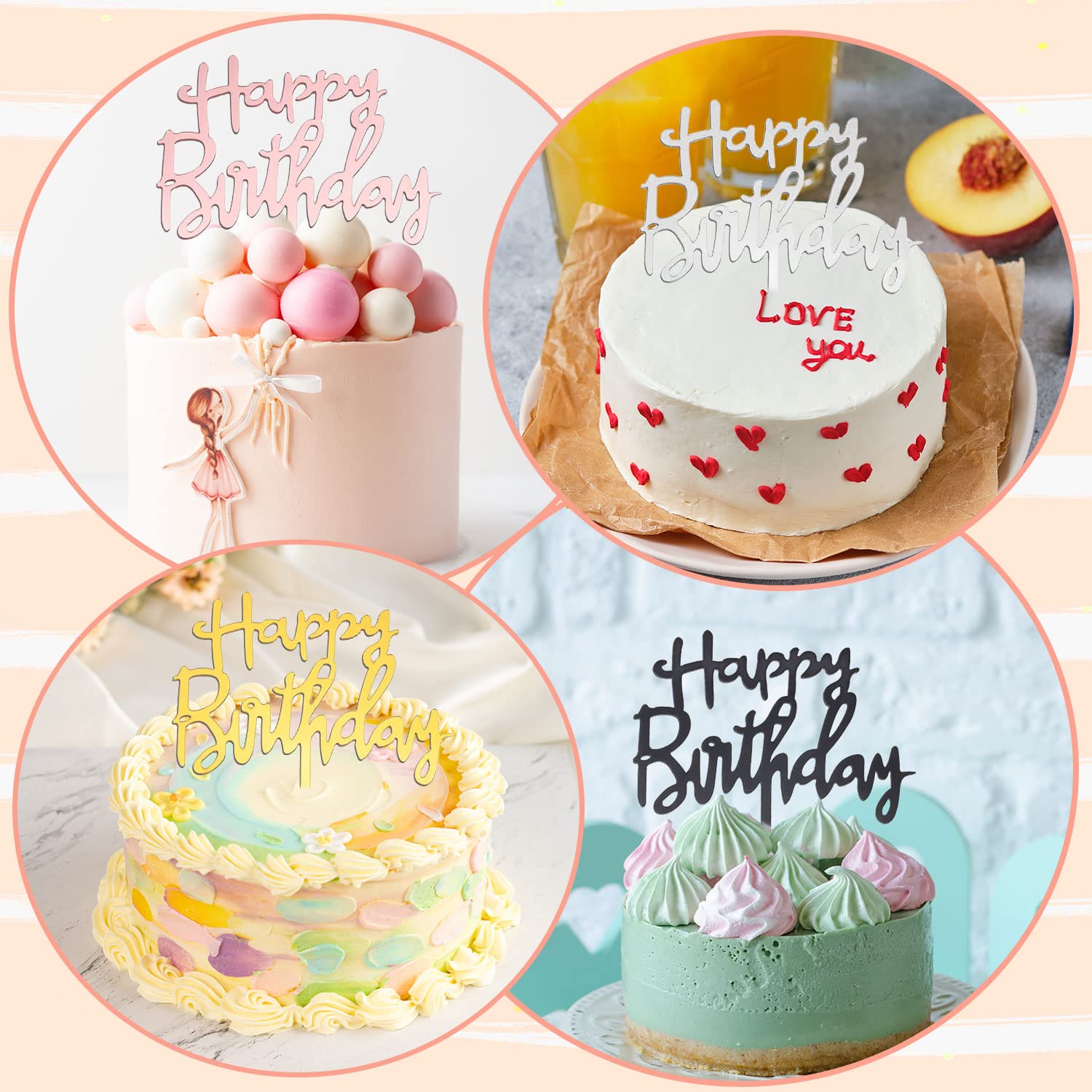4er-Set Acryl-Kuchenaufsätze „Happy Birthday“ – Glitzernde Tortendekoration Für Jeden Geburtstagskuchen
