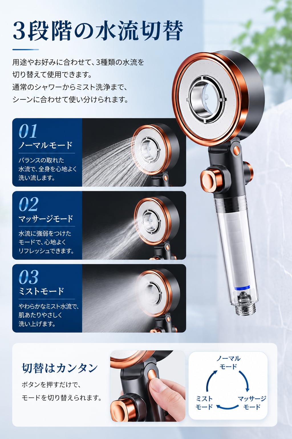 Amazon.co.jp: シャワーヘッド 高水圧 3段階水流切替可能 節水設計